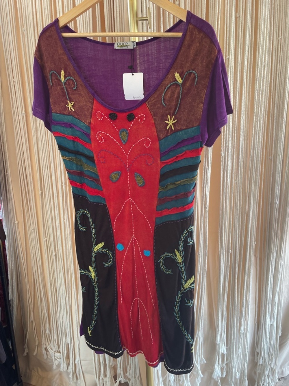 1990s vintage patchwork tunic mini dress wearable art red purple small S - Picture 5 of 9